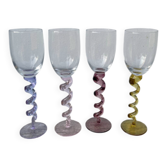 4 large, multicoloured, twisted champagne flutes