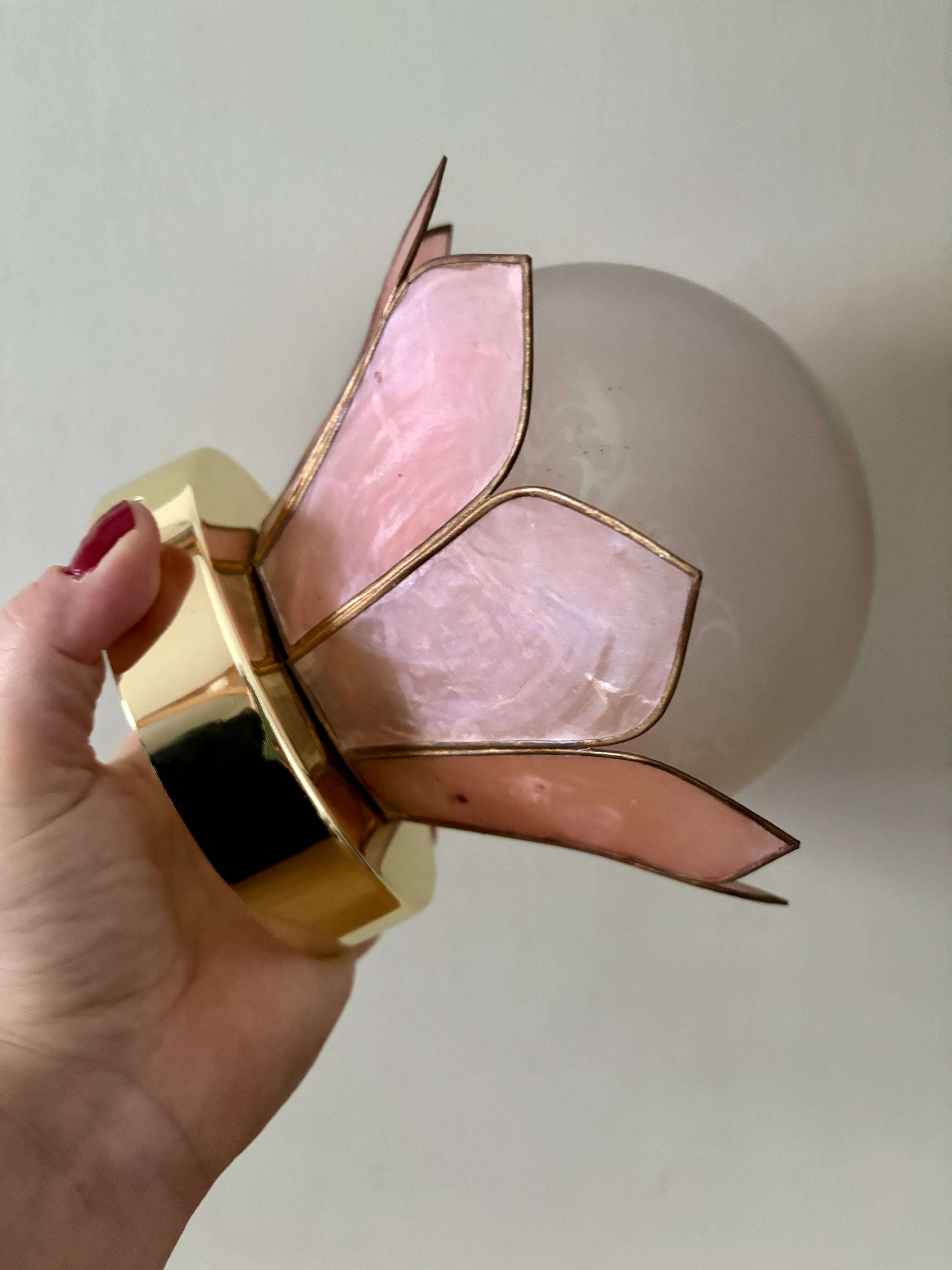 Vintage pink mother-of-pearl wall lamp with frosted glass globe