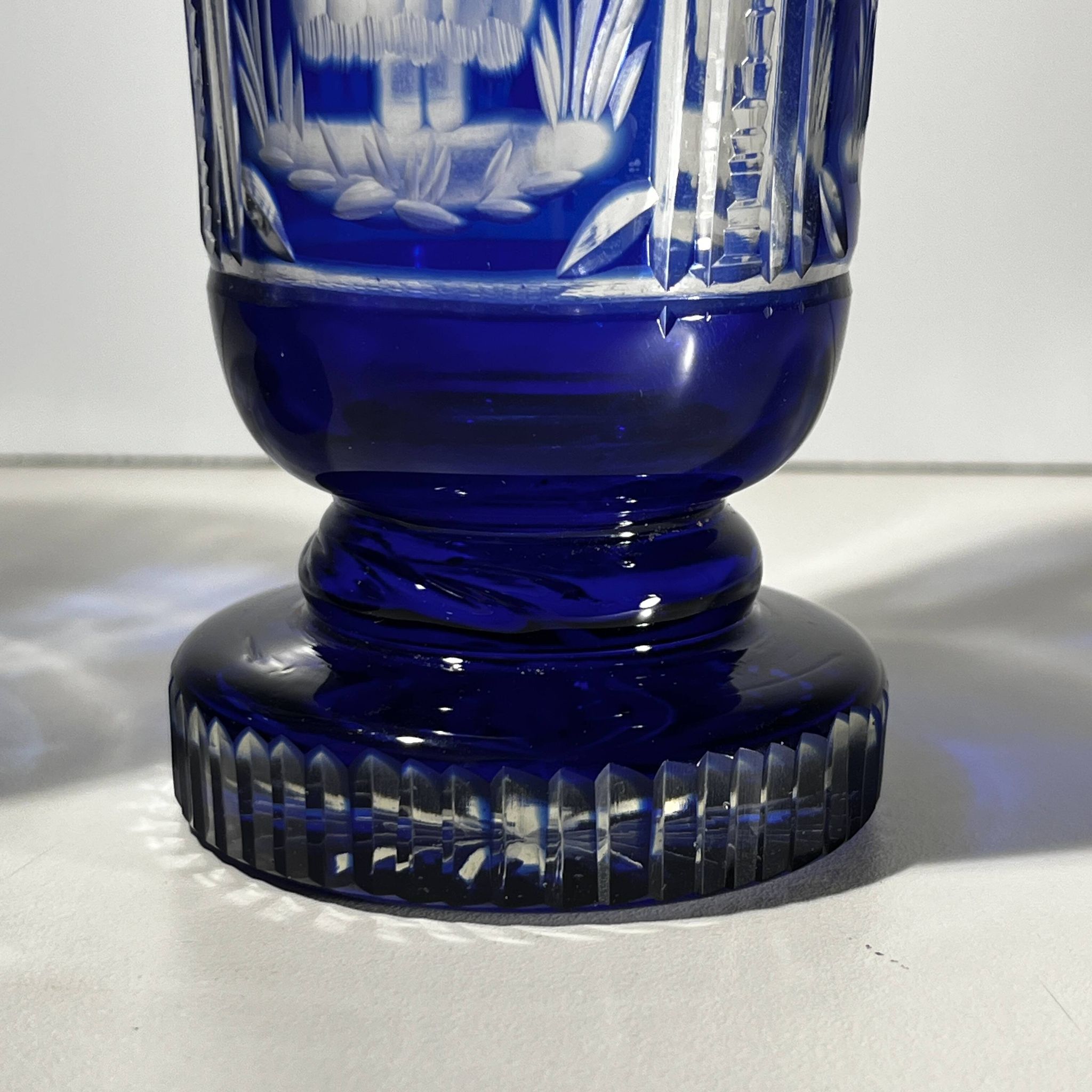 Bohemian crystal, set of 2 cobalt blue cut double glasses, ca 1900