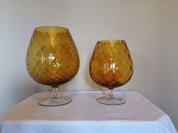 Ensemble de 2 vases vintages en forme de verre jaune moutarde