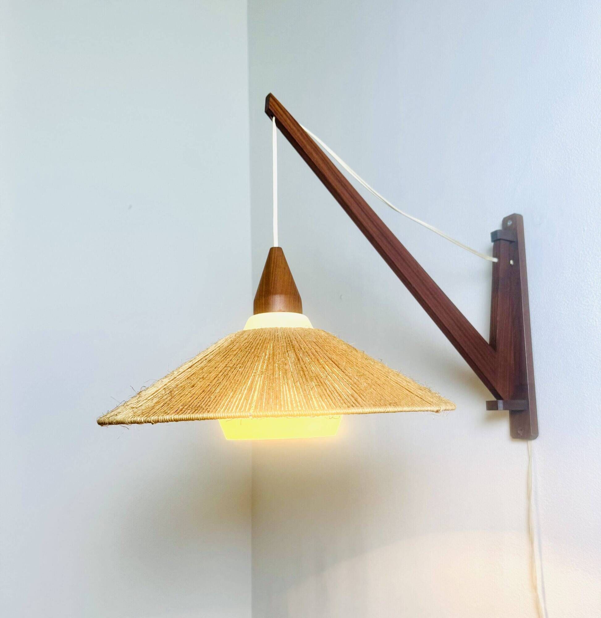 Wood And Sisal Wall Lamp By E.R. Nele For Temde Leuchten, Germany/Switzerland 1960S