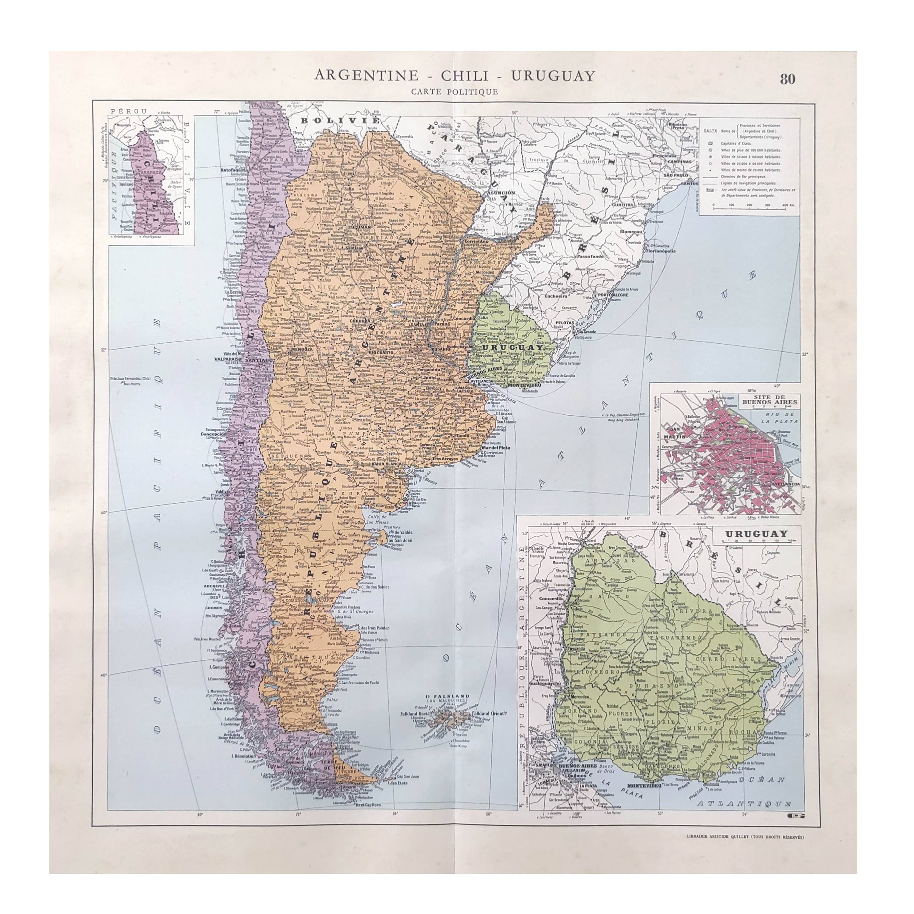 Old map of South America Argentina Chile Uruguay 43x43cm from 1950