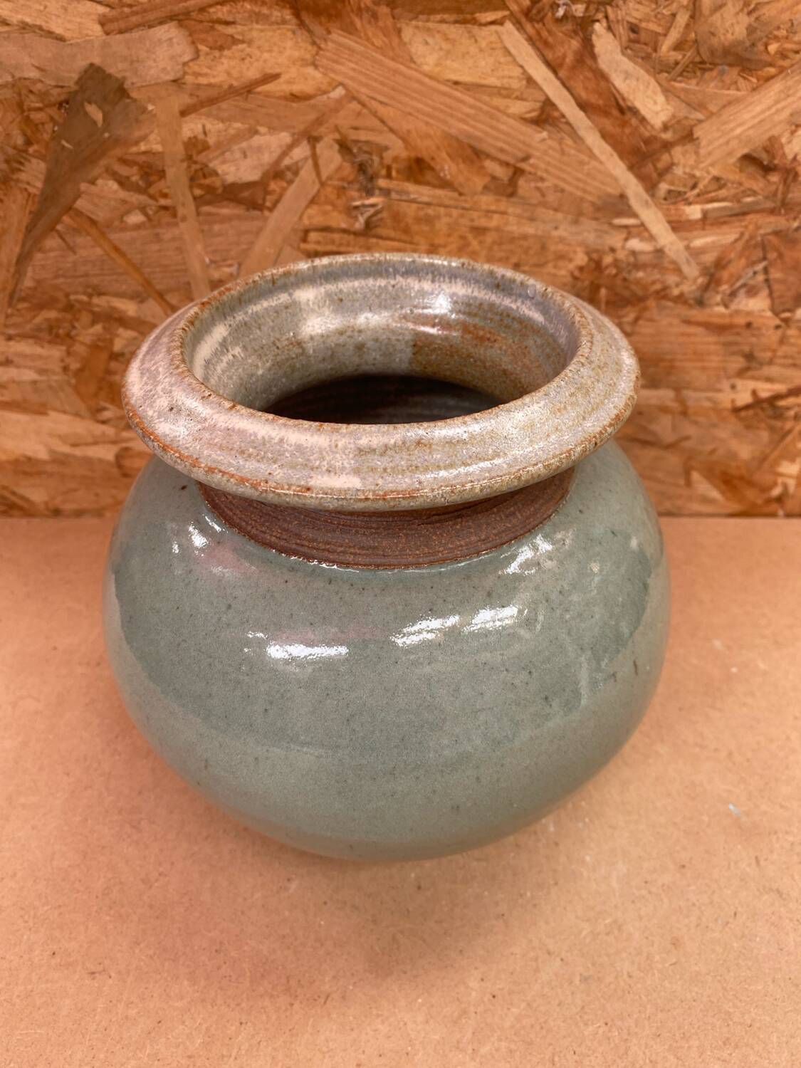 Antique vintage grey beige glazed stoneware ball vase