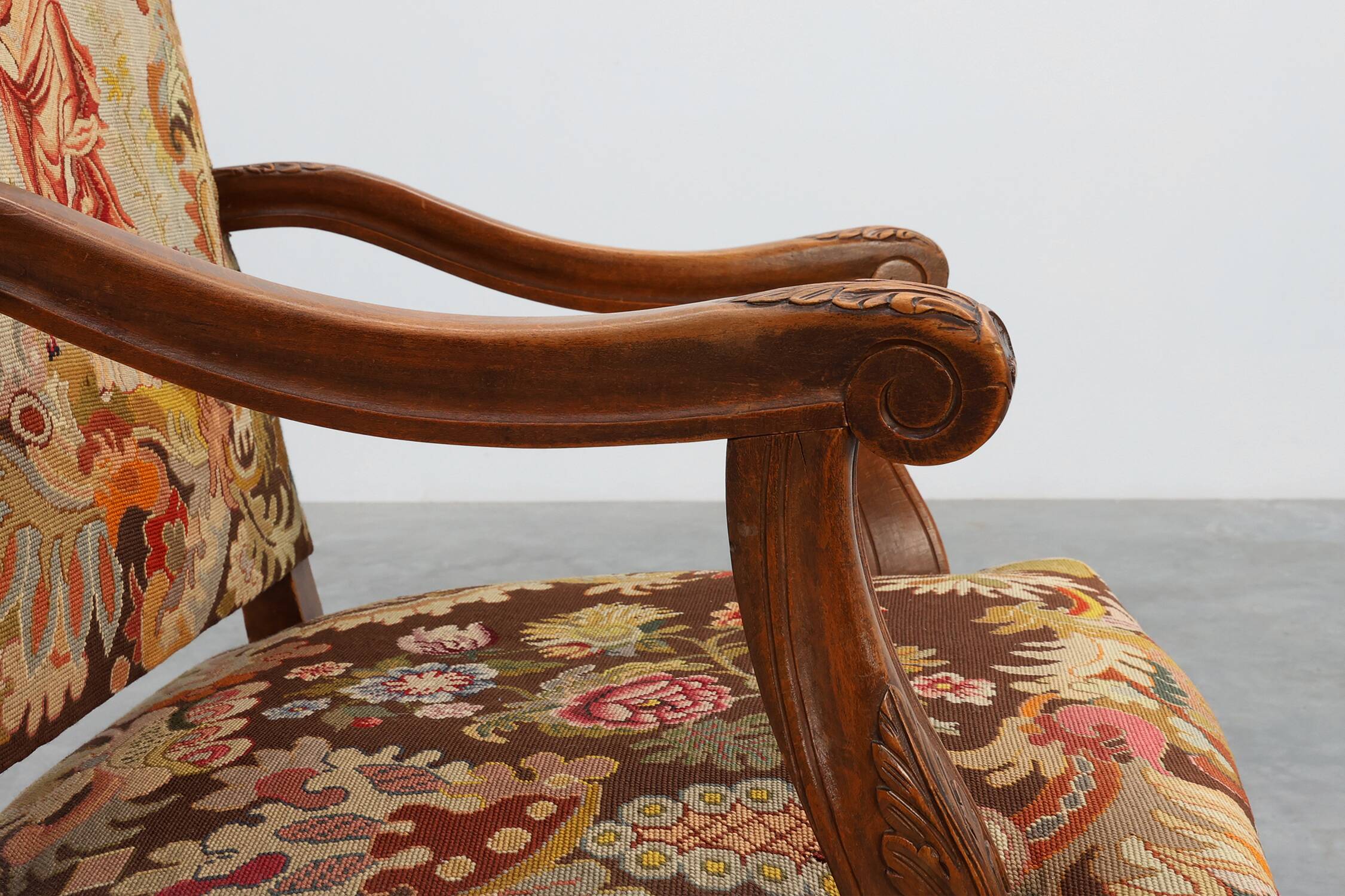 Louis XV Style Carved Walnut Armchair with Needlepoint Upholstery, France