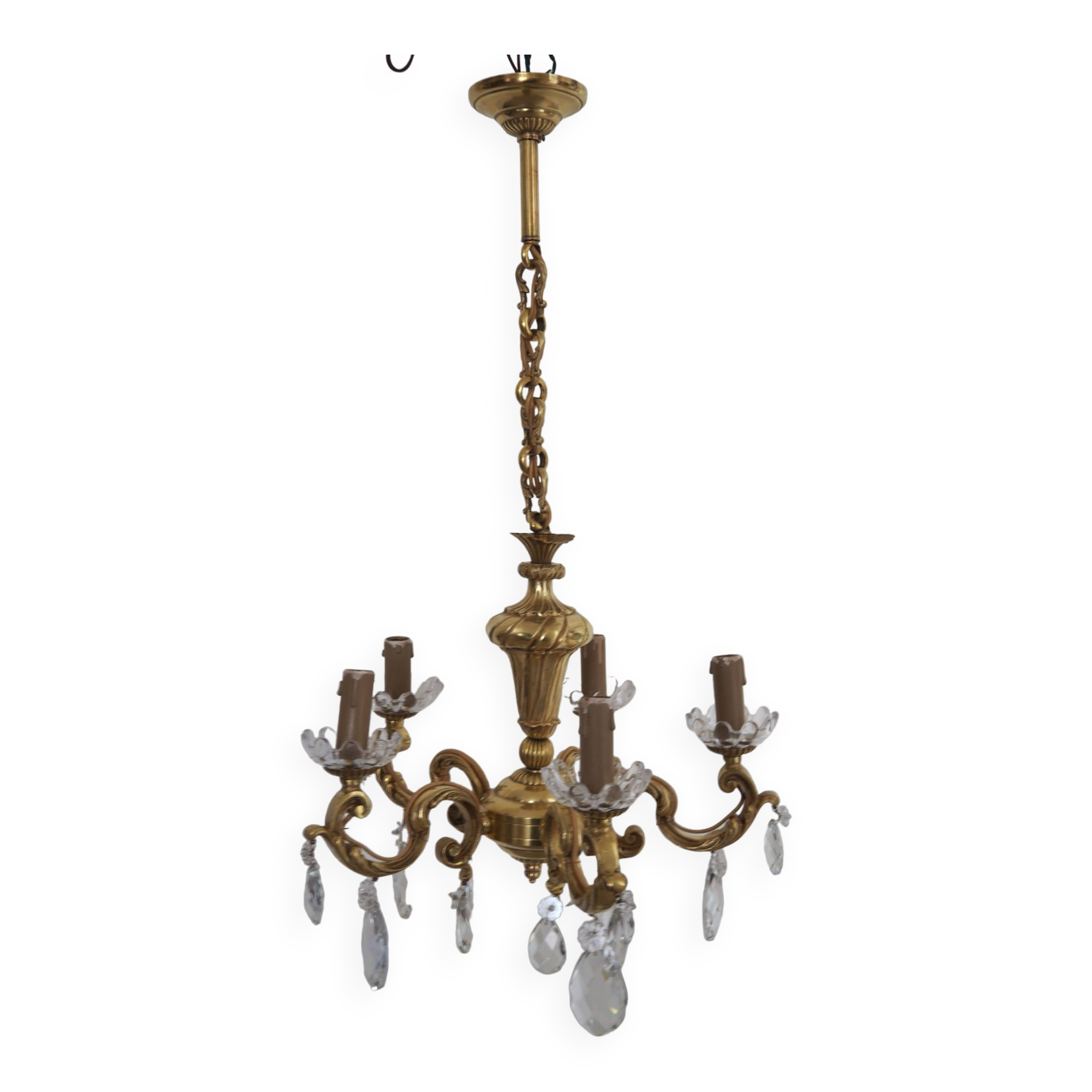 Solid bronze chandelier with crystal pendants and candle holders - Lucien GAU