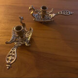 Pair of bronze candle holders peacock model