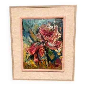 Huile sur panneau d'origine suédoise – "Fleur rose" par Owe Wessbohn – Signée – Vintage et encadrée – 69 × 51 cm (27,2" × 20,1")