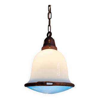 Bauhaus pendant light in white opaline glass and blue satin glass, 1920s