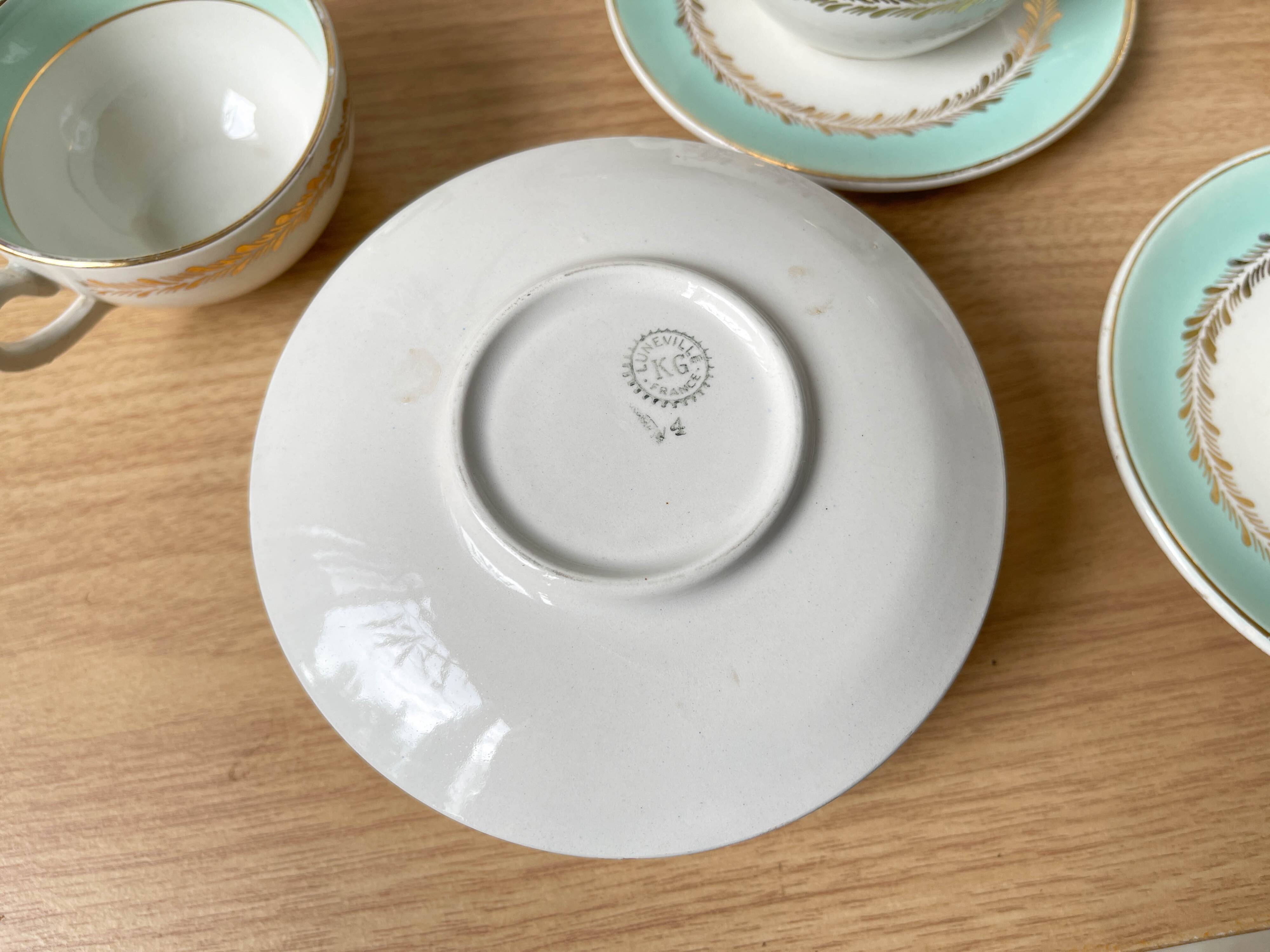 Vintage tea/coffee service in white green gold porcelain LUNEVILLE made in France