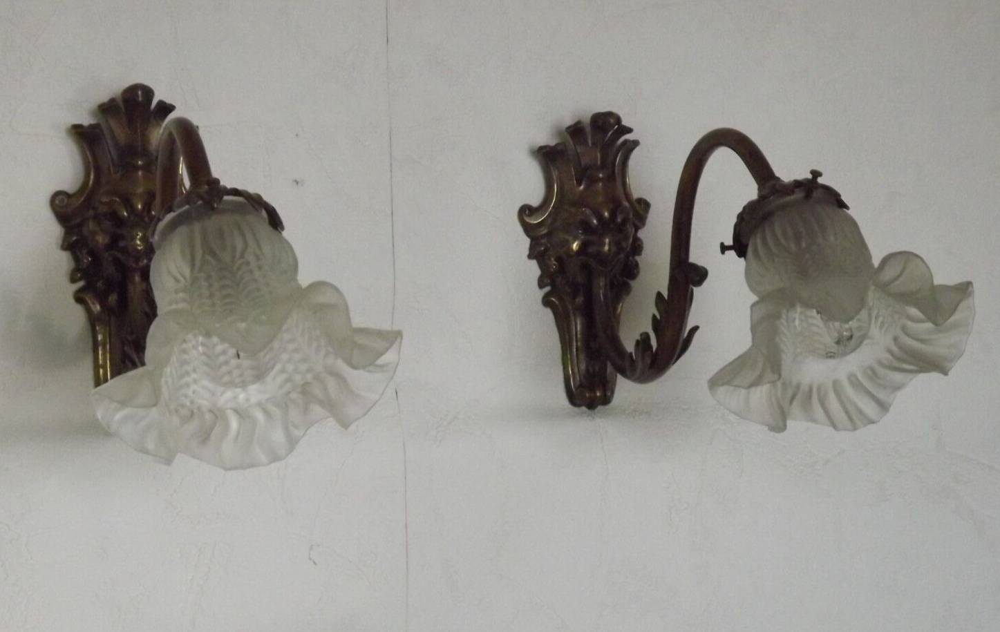 Pair French Antique Brass Greenman Single Wall Lights White Frilled Shade 4572