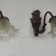 Pair French Antique Brass Greenman Single Wall Lights White Frilled Shade 4572