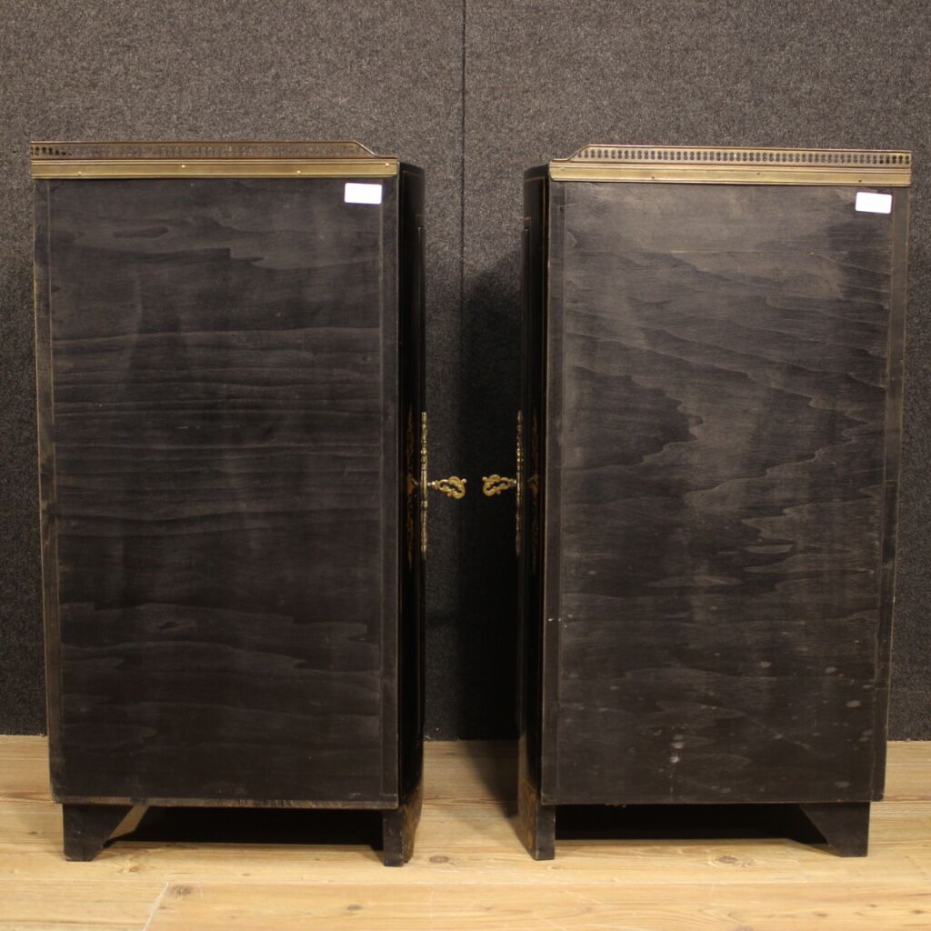 Pair of lacquered and painted French corner cabinets