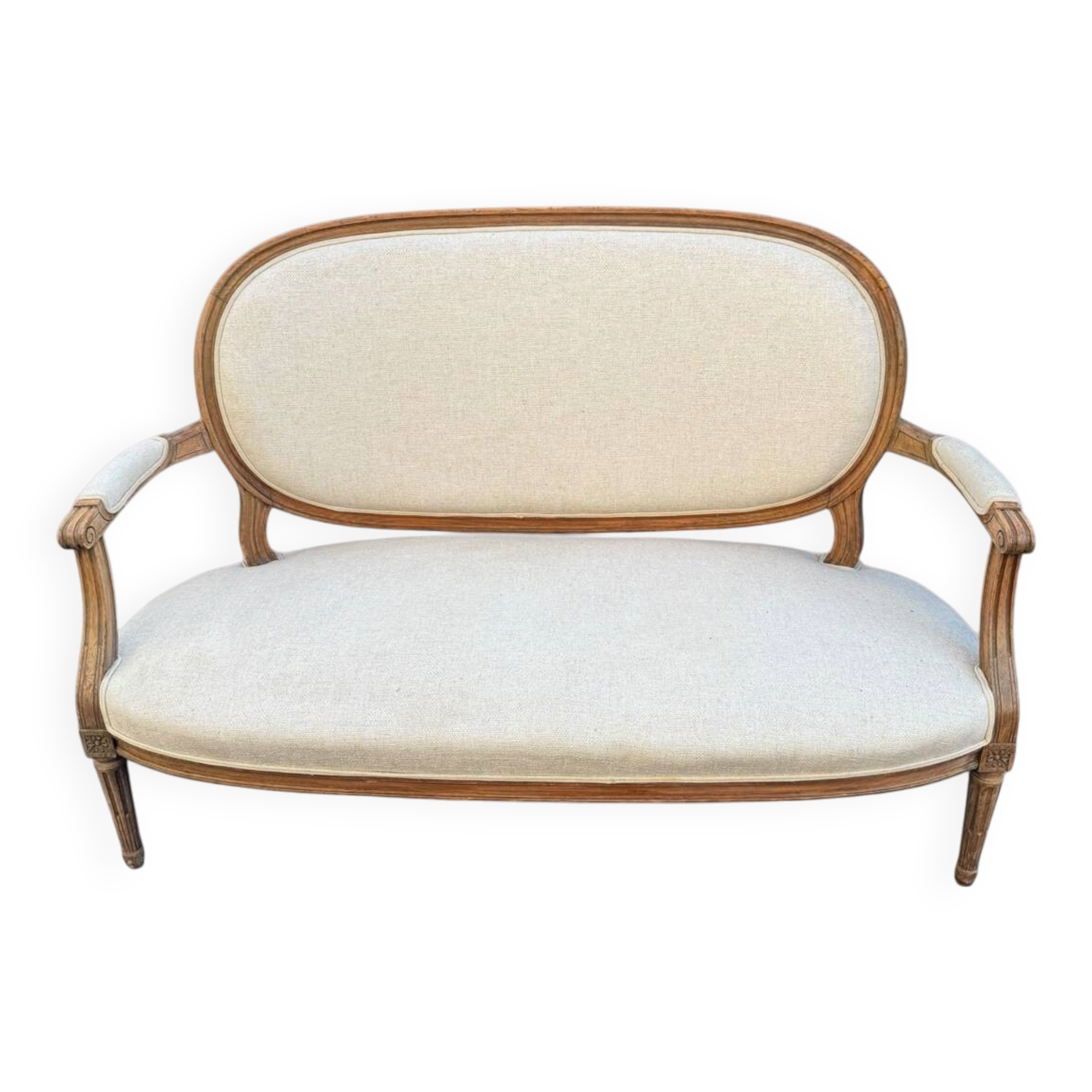 Louis XVI style bench, raw oak, ecru fabric, circa 1900s.