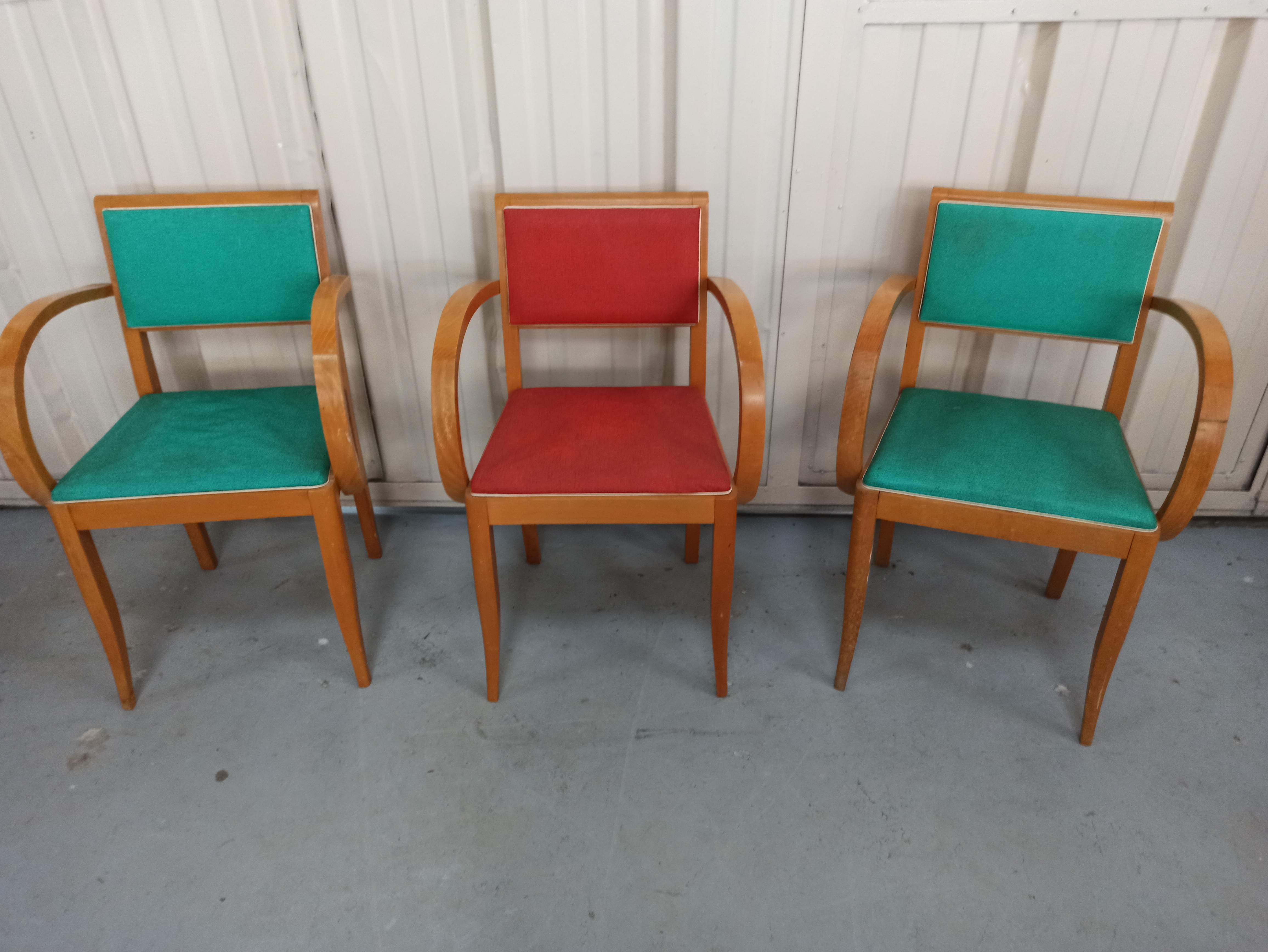 Lot 5 armchairs bridge skai and wood - red green
