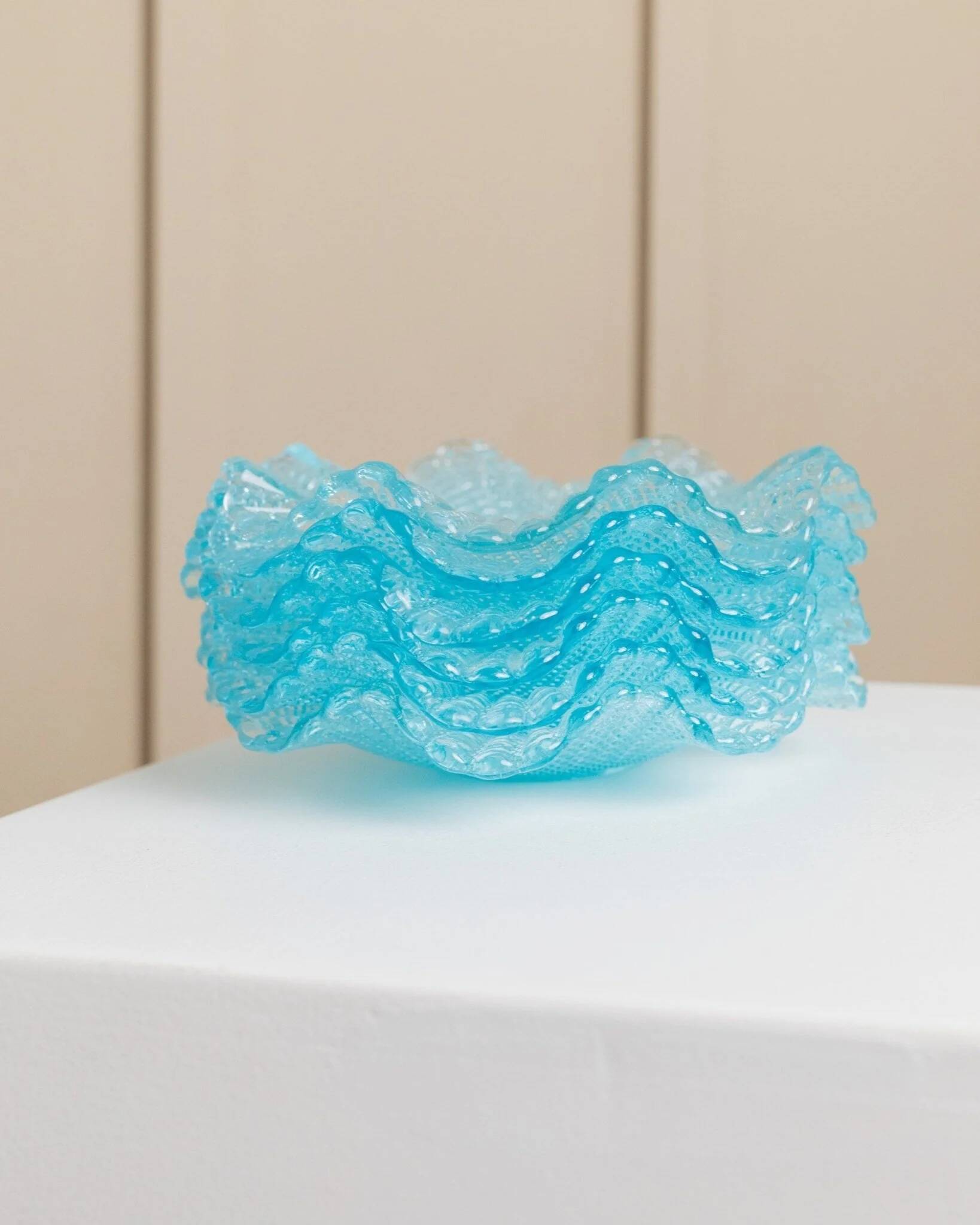 Six-piece turquoise crystal glass bowls, vintage 1980s, ruffled scalloped rims, pressed texture