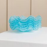 Six-piece turquoise crystal glass bowls, vintage 1980s, ruffled scalloped rims, pressed texture