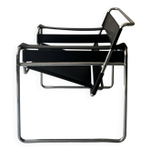 Fauteuil Wassily tubulaire en chrome & cuir noir, Marcel Breuer design 1970