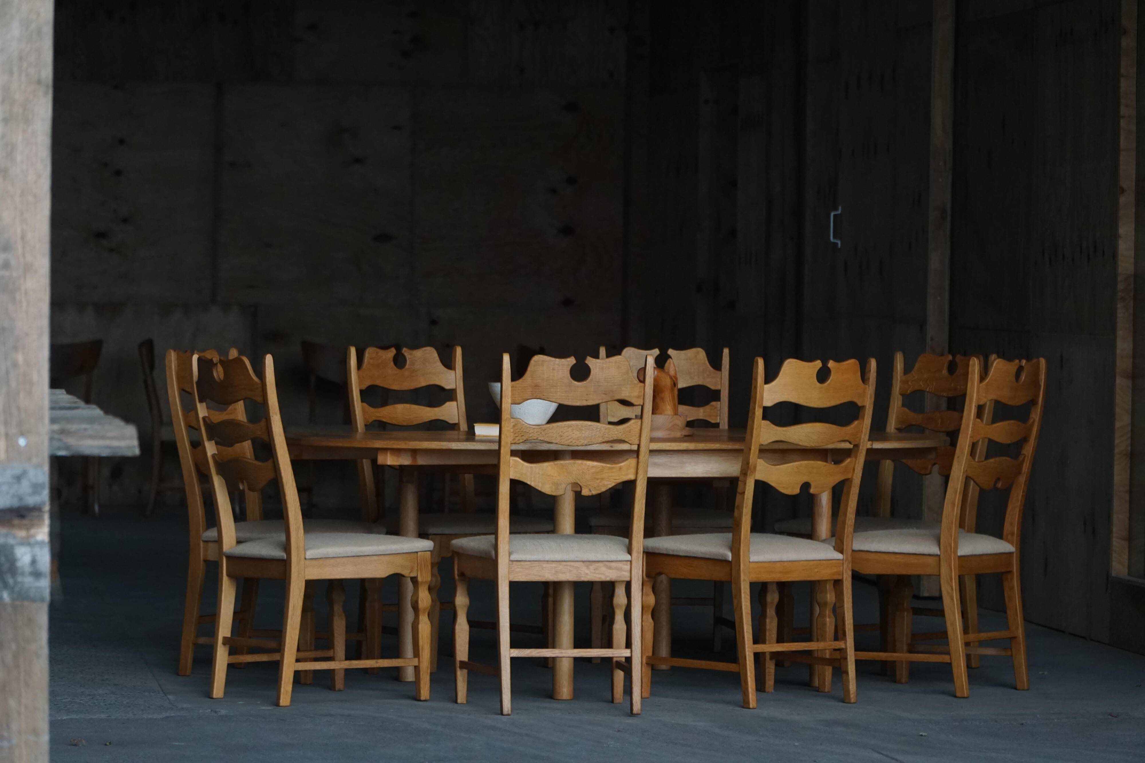 Set of 8 oak chairs with jute fabric, Henning Kjærnulf, mid-century Danish, 1960s.