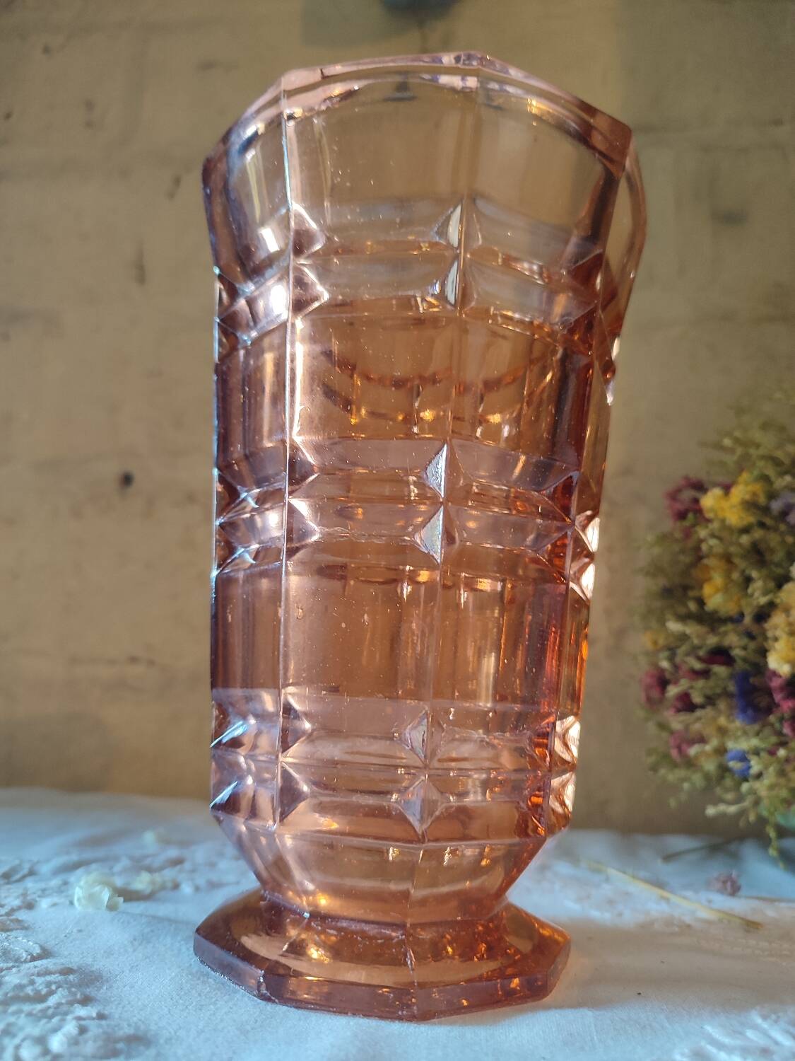 Art Deco style pink molded glass vase