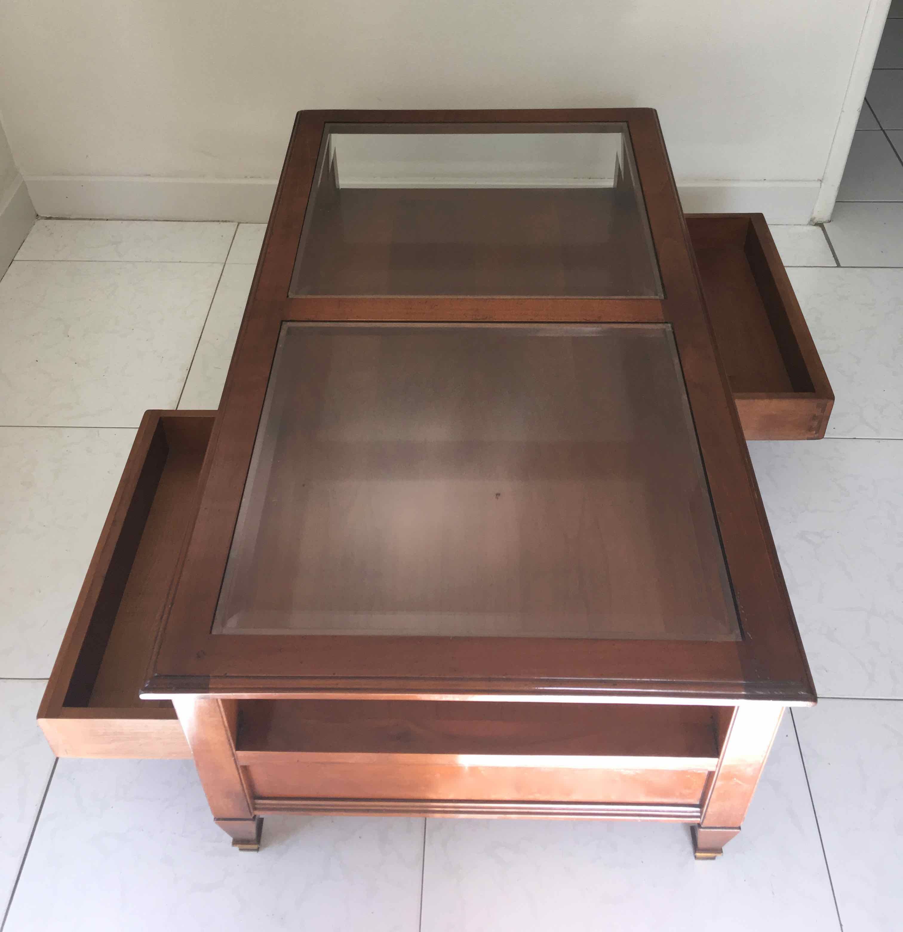 Coffee table with cherry drawers and beveled glass