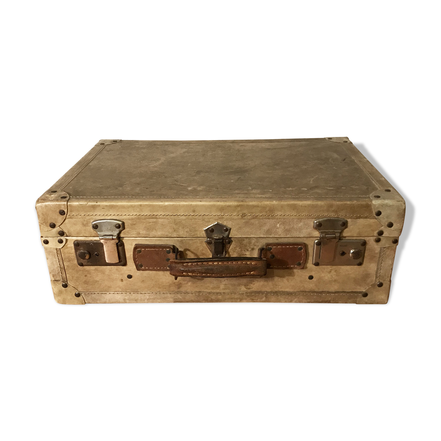 Vintage parchment beige and leather suitcase