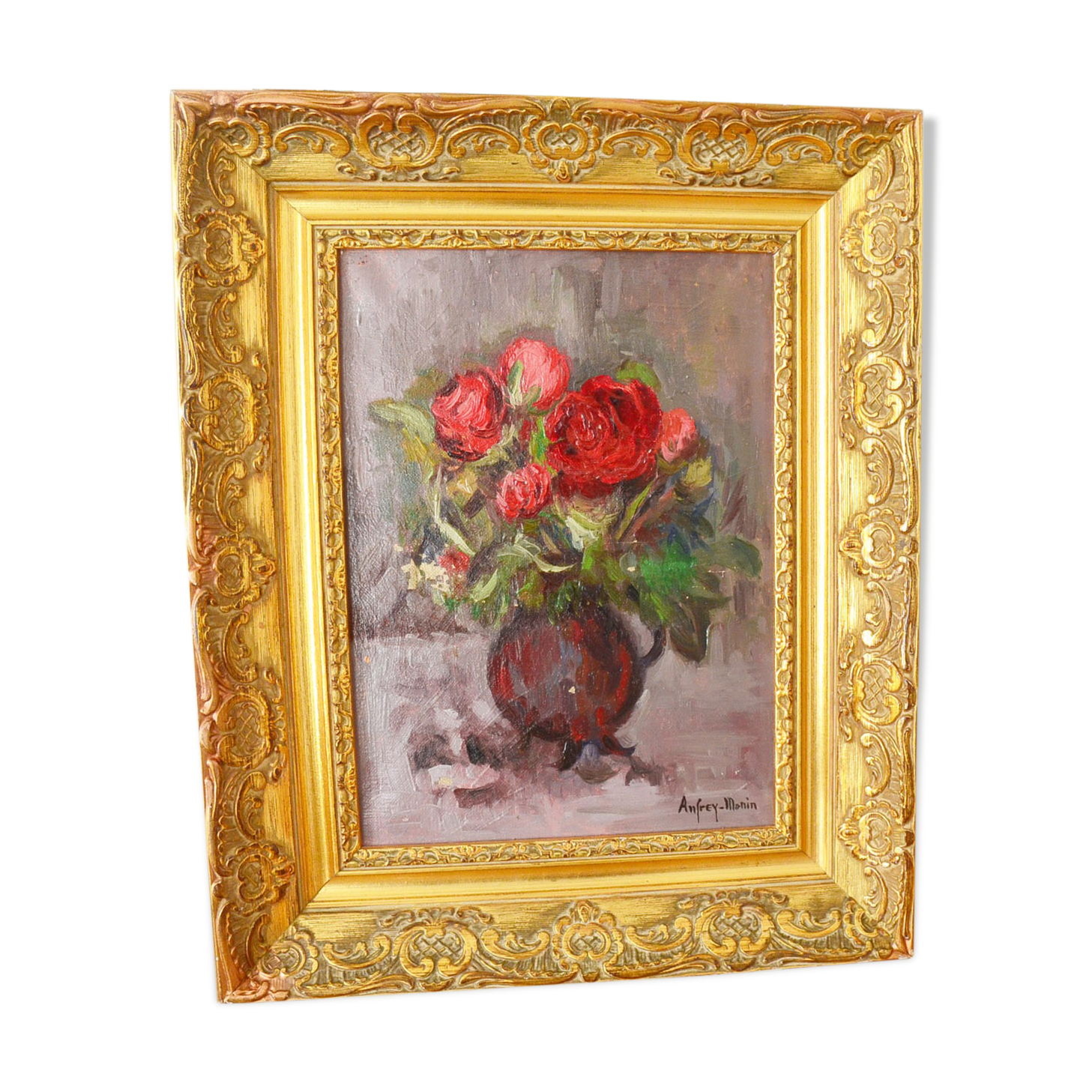 Oil on still-life canvas bouquet of flowers by Anfrey-Monin