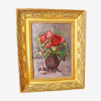 Oil on still-life canvas bouquet of flowers by Anfrey-Monin