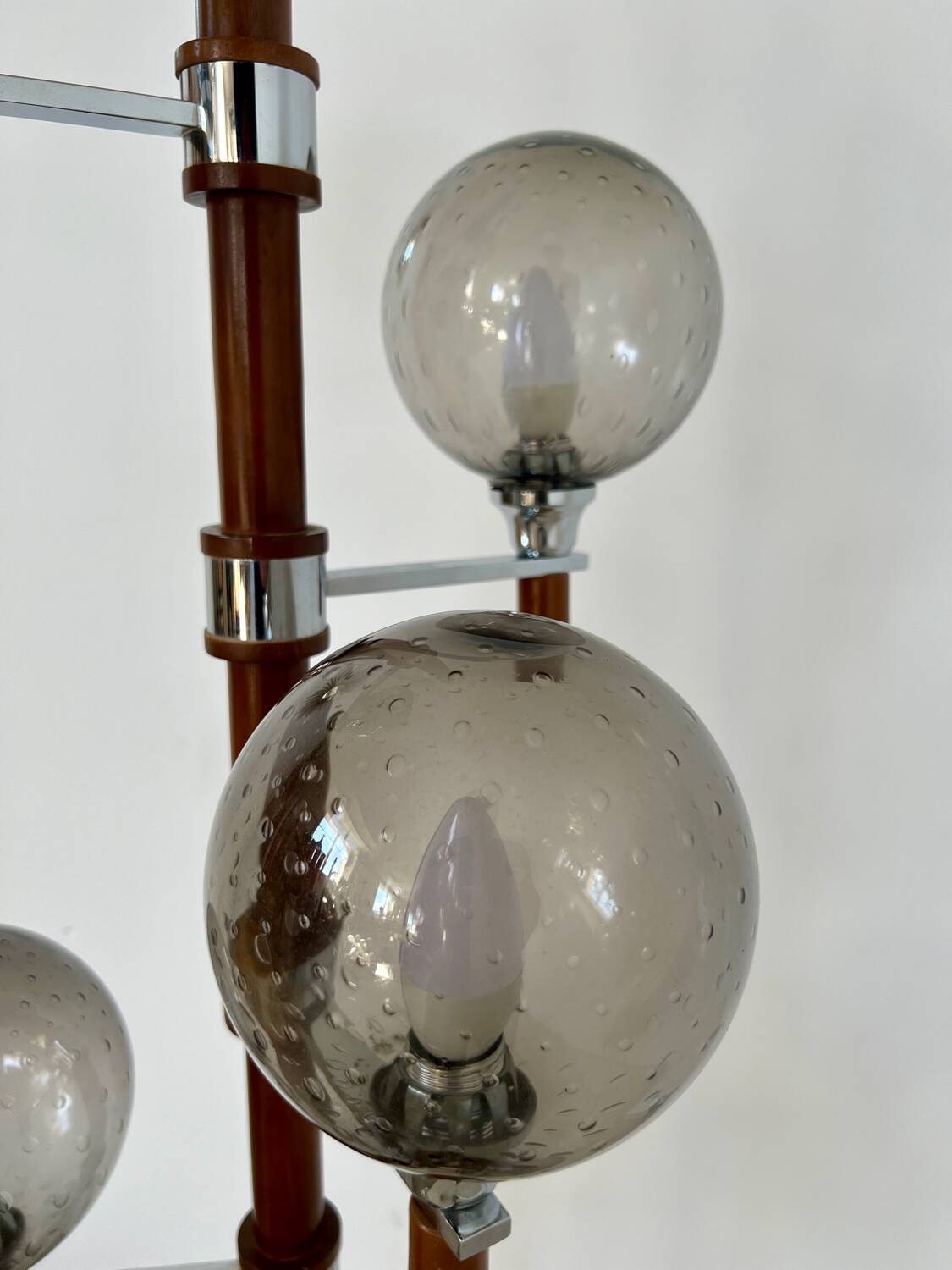 Old Scandinavian design wooden floor lamp from the 60s with 6 vintage lights