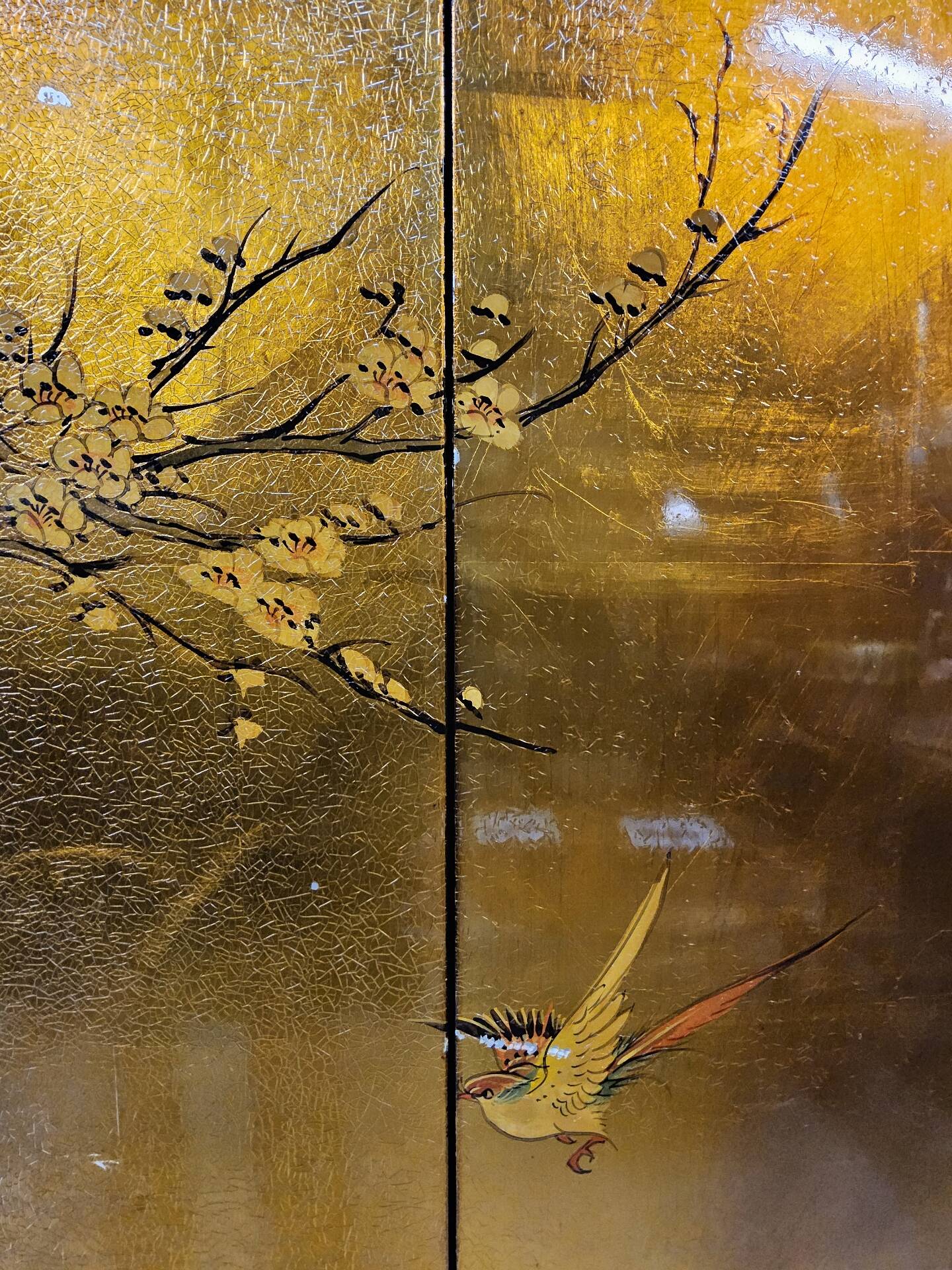 Vintage Chinese cabinet with gold leaf, flowers and peacock/ bohemian