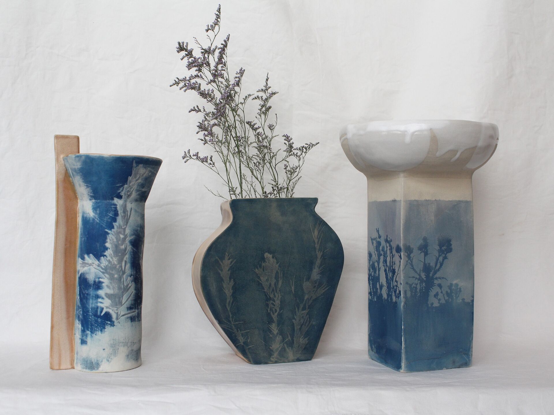 Ceramic piece decorated with cyanotype