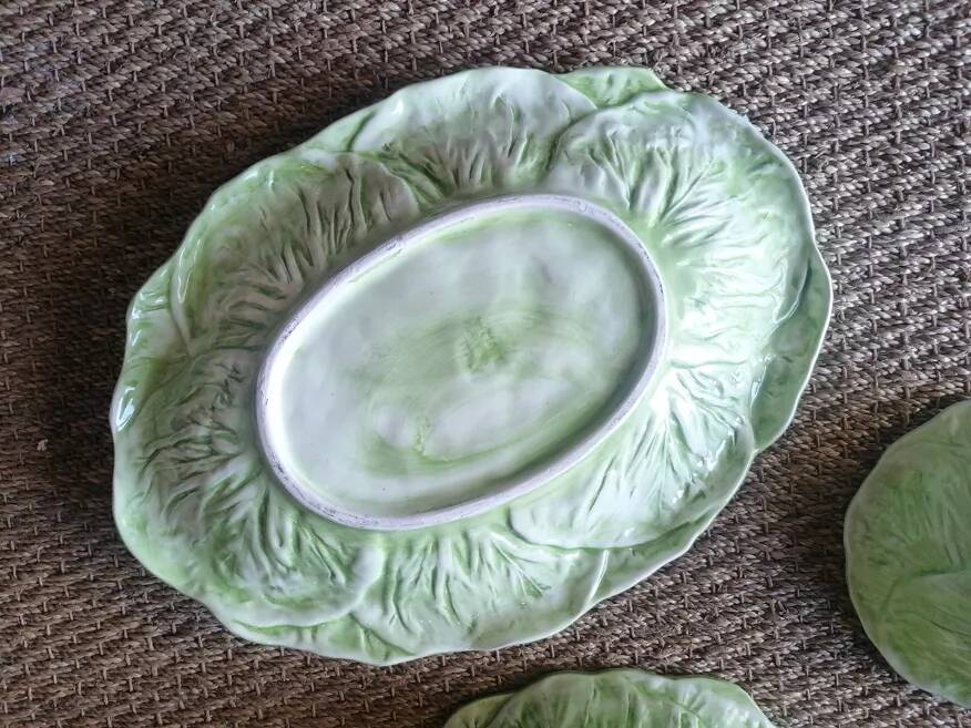 Set of 3 vintage asparagus and cabbage leaves slip dishes made in Italy
