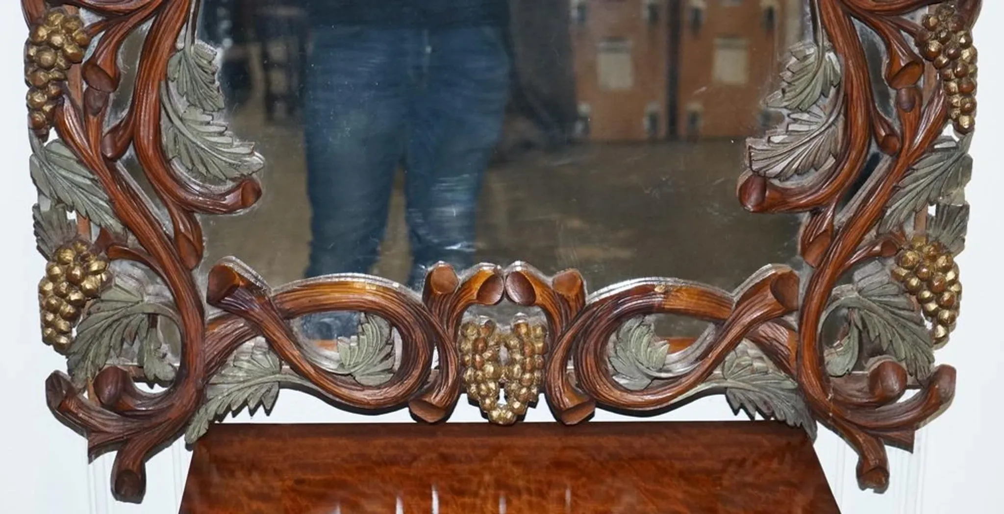Vintage Black Heavily Carved Wooden Forest Wall Mirror