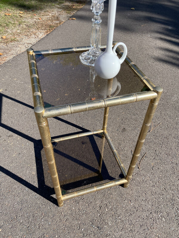 Guéridon carré faux bambou laiton doré et verre
