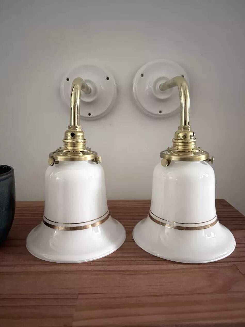 Pair of white opaline and ceramic wall lights