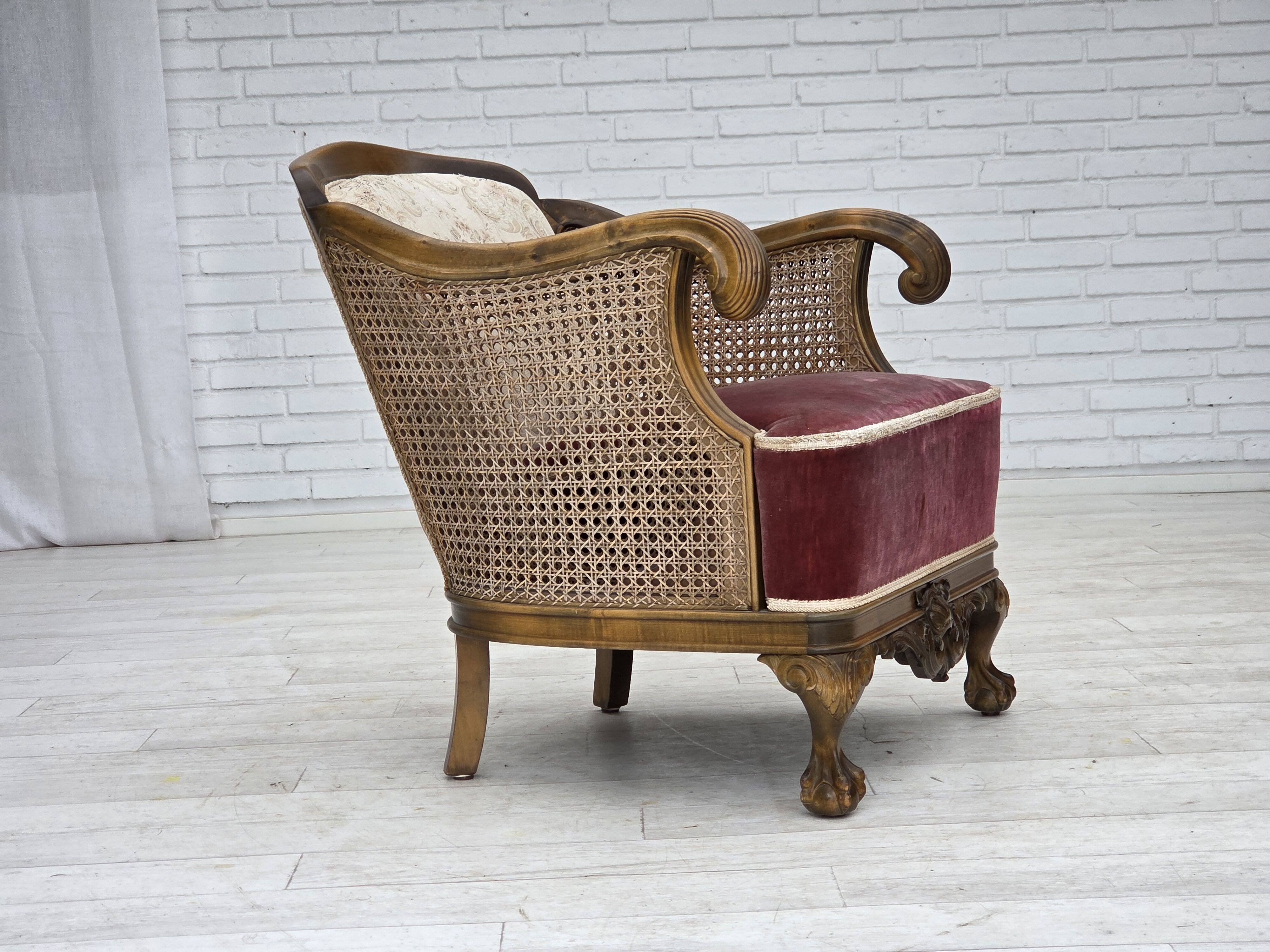 1940s, Danish armchair, woven wool, velour, mesh, carved oak wood.