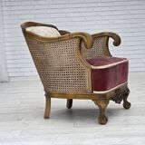 1940s, Danish armchair, woven wool, velour, mesh, carved oak wood.
