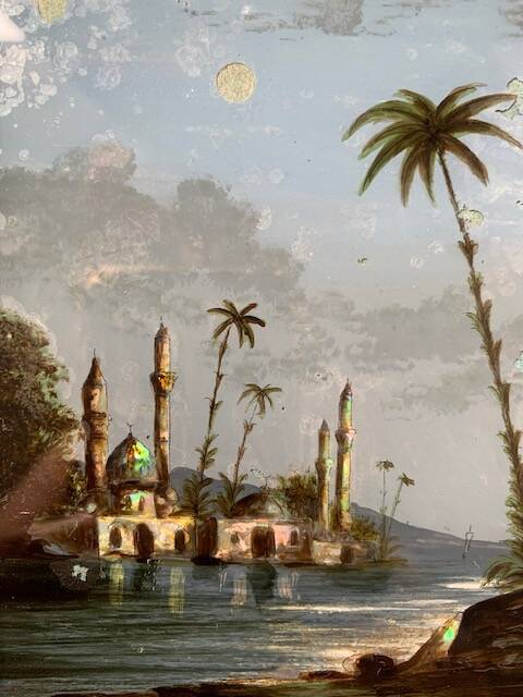 19th century painting, painting under glass and mother-of-pearl, oriental scene, signed GA