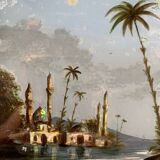Tableau du 19e siècle, peinture sous verre et nacre, scène orientale, signé G.A