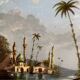 19th century painting, painting under glass and mother-of-pearl, oriental scene, signed GA