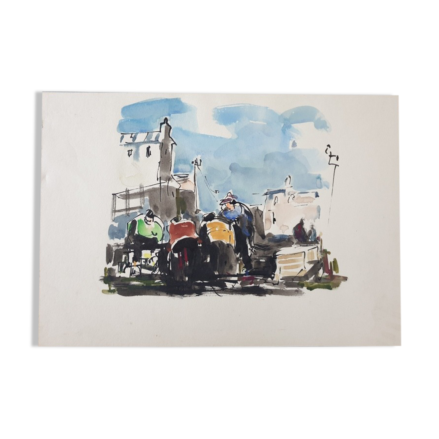 Aquarelle sur papier "Village de pécheurs", André Duculty (1912-1990)