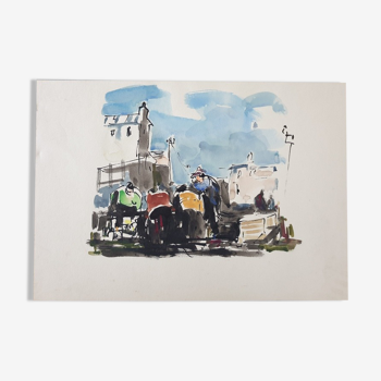 André Duculty (1912-1990) Watercolor on paper "Village de pécheurs"