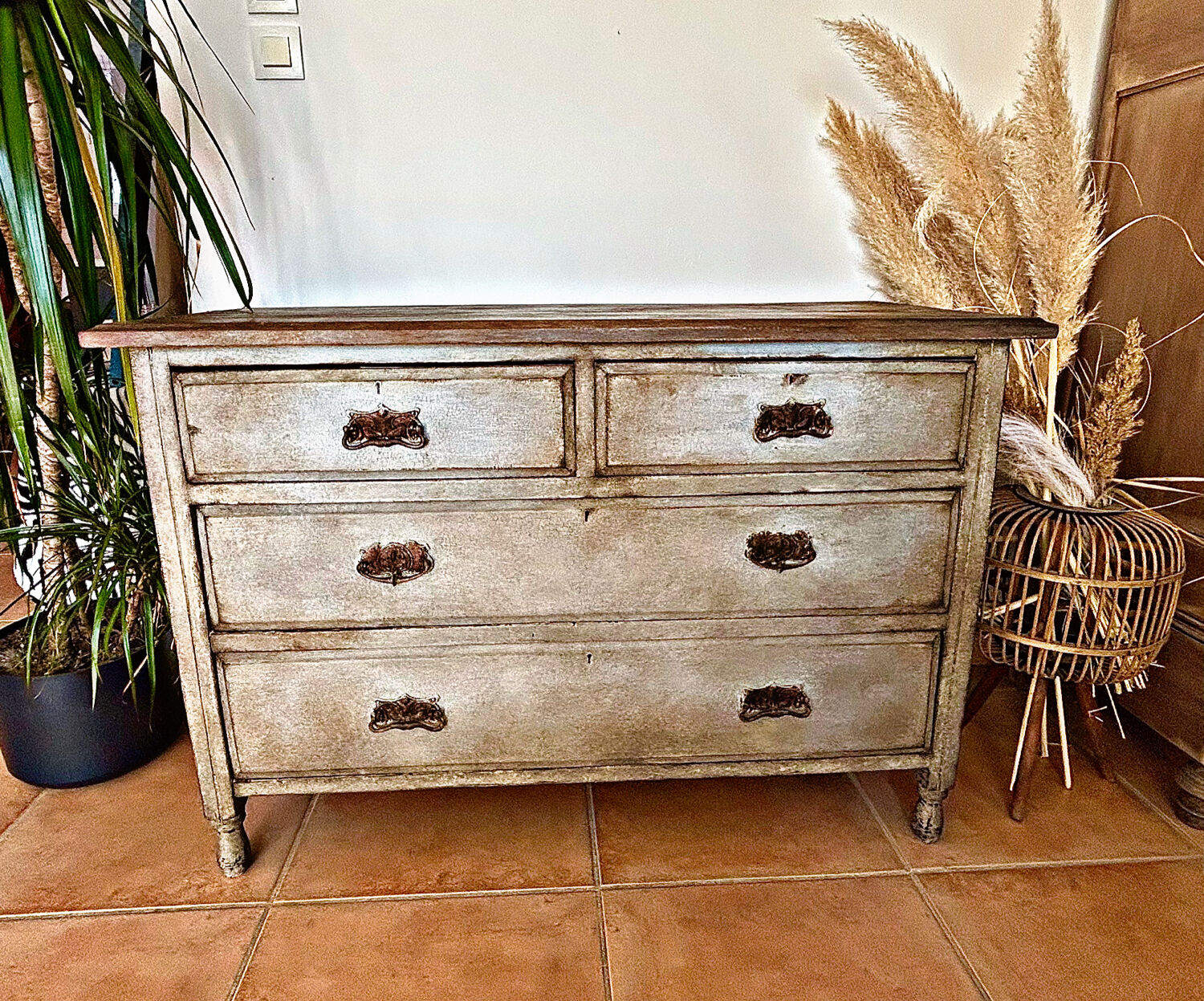 Antique commode, patinated, blue-grey Tuscany.