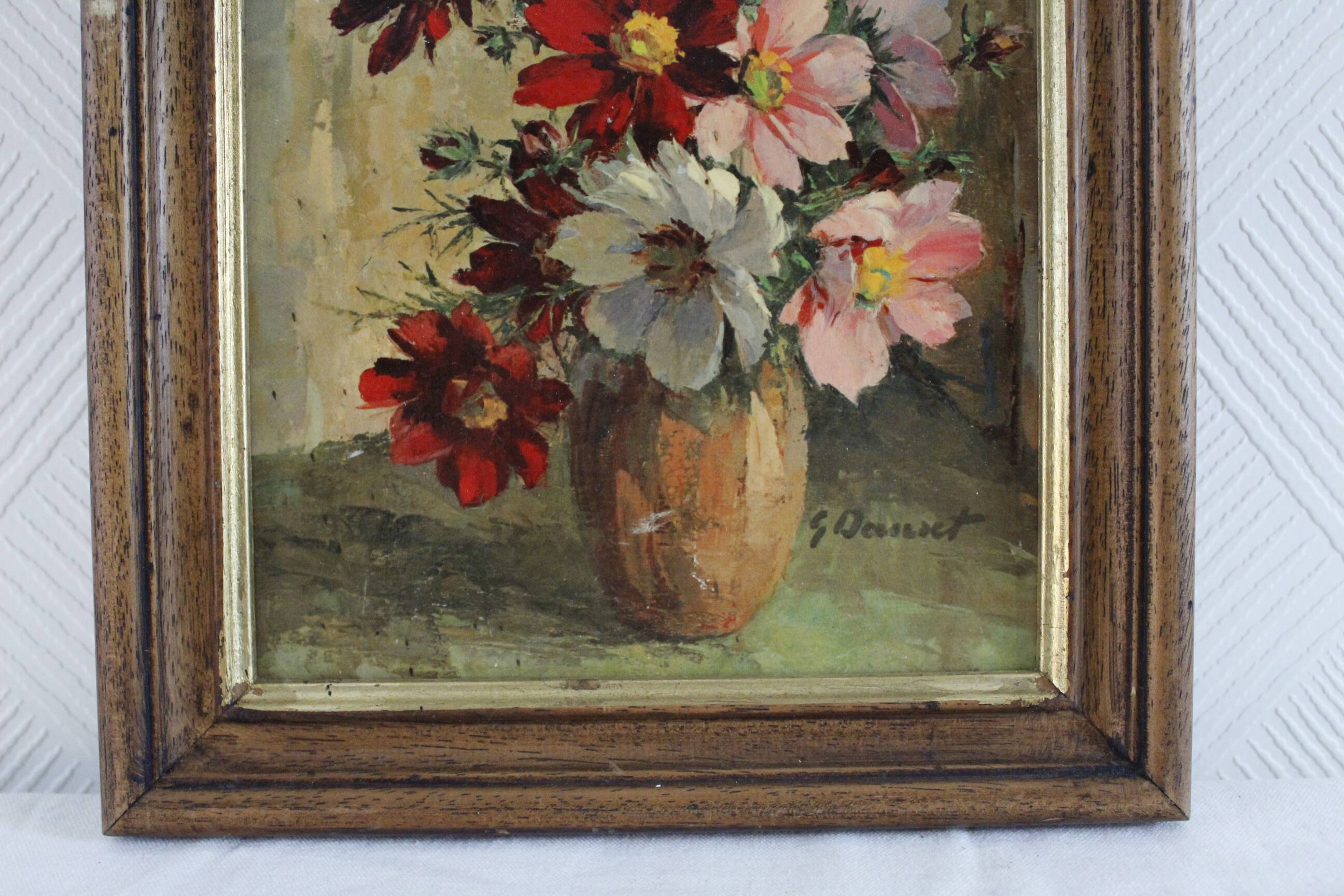 Oil on cardboard signed - still life, bouquet of cosmos
