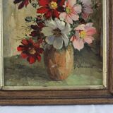 Oil on cardboard signed - still life, bouquet of cosmos