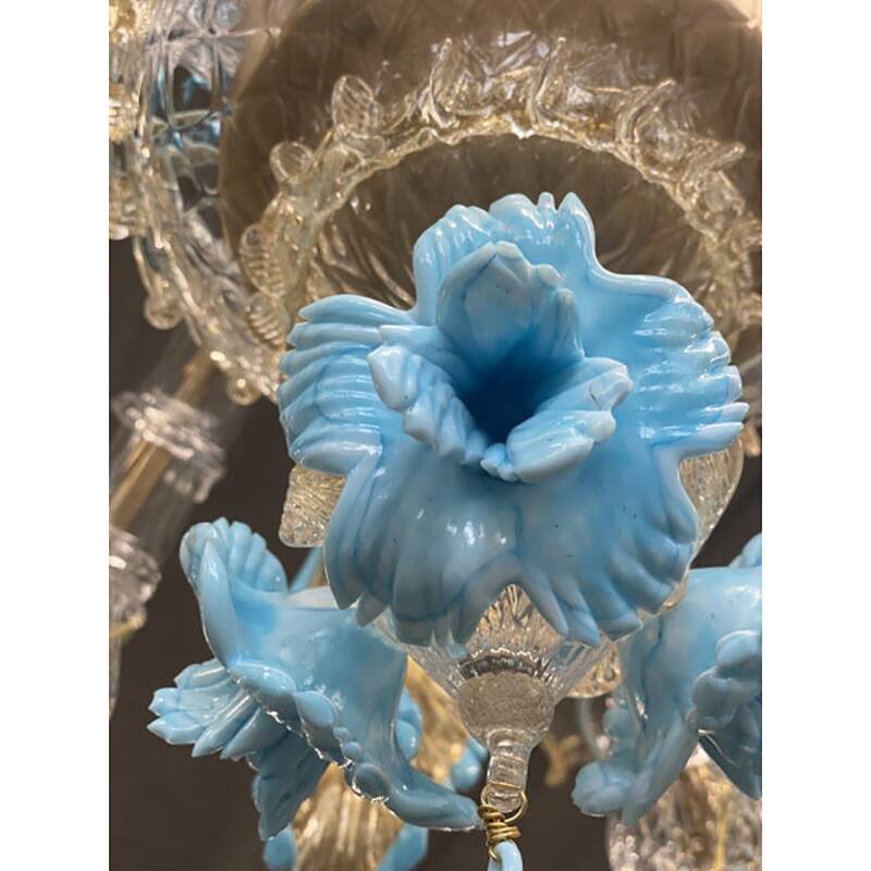 Contemporary Venetian Transparent-Gold Murano Style Glass Chandelier With Leaves and Turquoise Flowe
