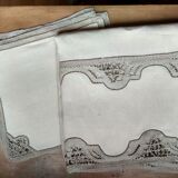 Old square tablecloth in bis mixed linen and 6 matching placemats