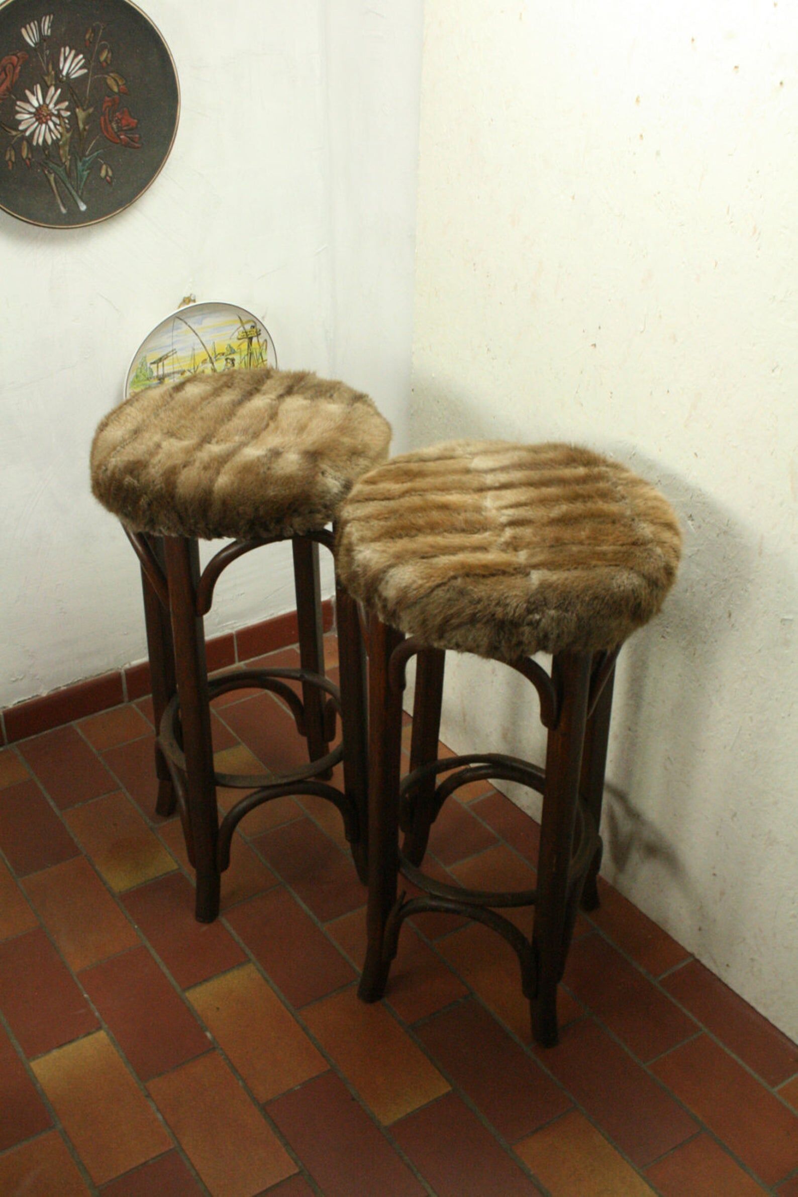 Two vintage folded wooden bar stools
