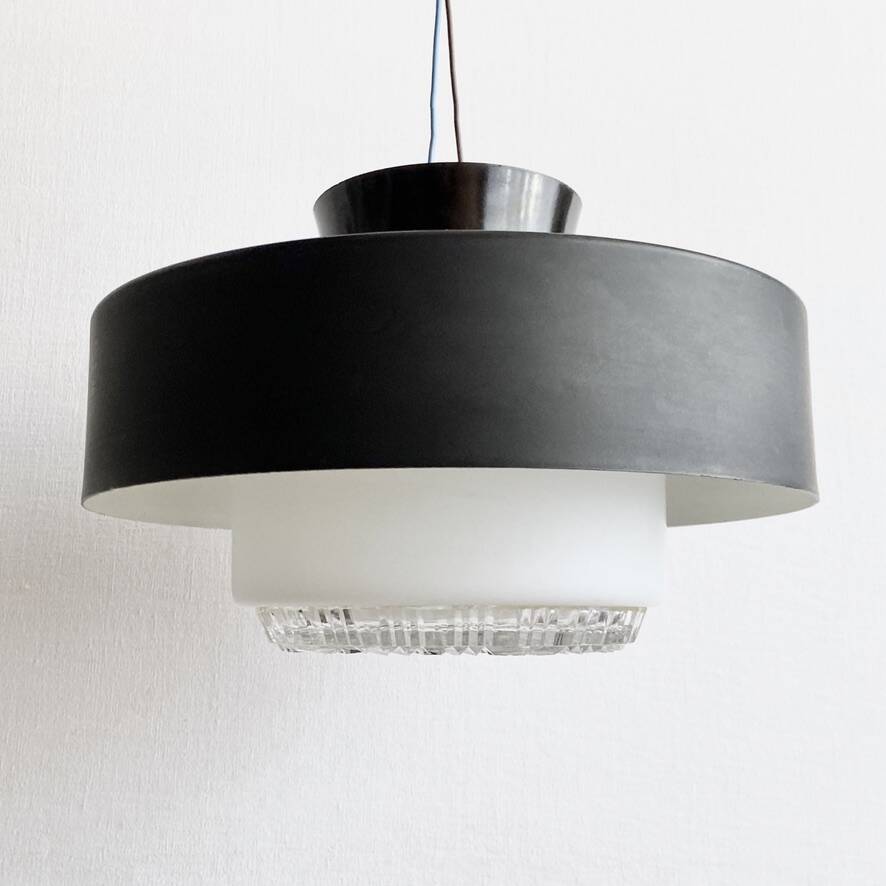 Holophane Ceiling Light Vintage 60s Black Metal and Frosted Glass Crafted