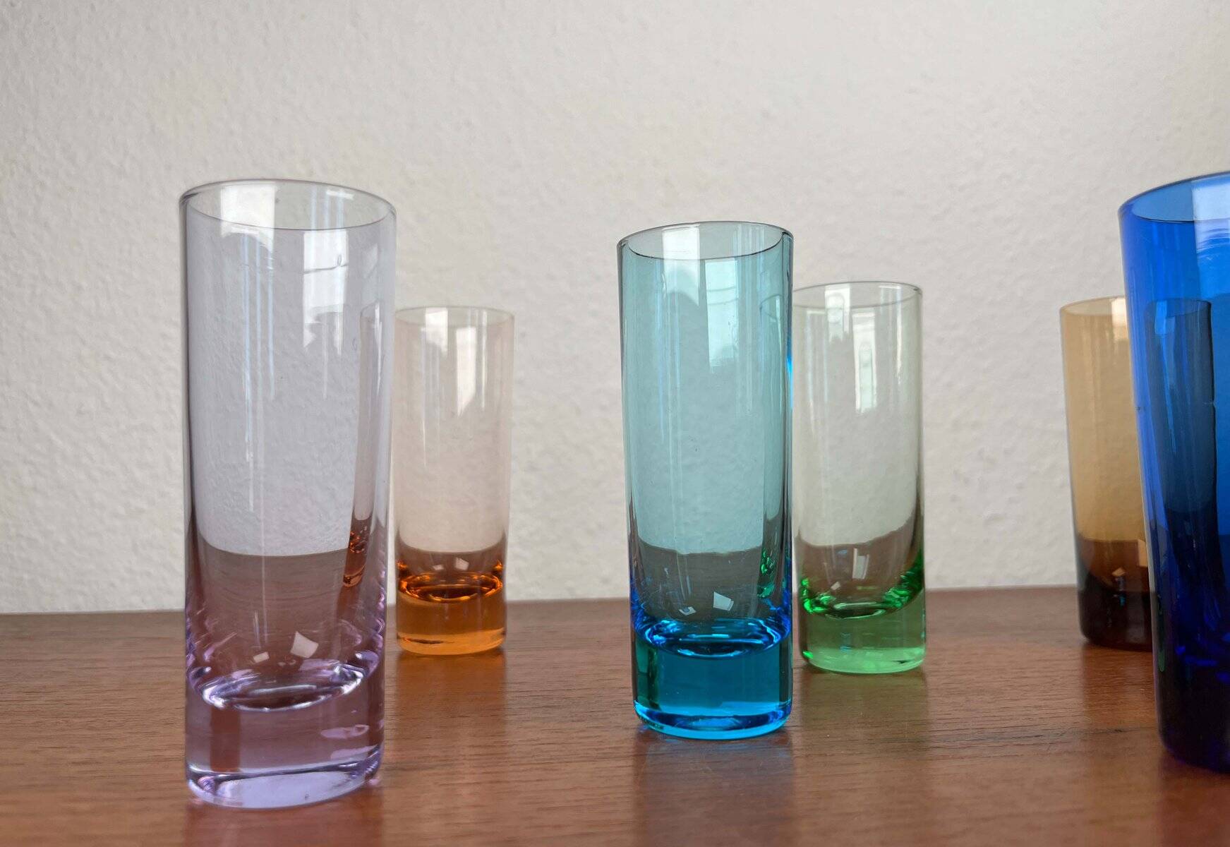 Coloured German shot glasses from the mid-century, 1960s, set of 6.