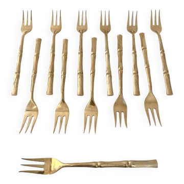 12 petites fourchettes à dessert en laiton, Hollywood Regency – circa